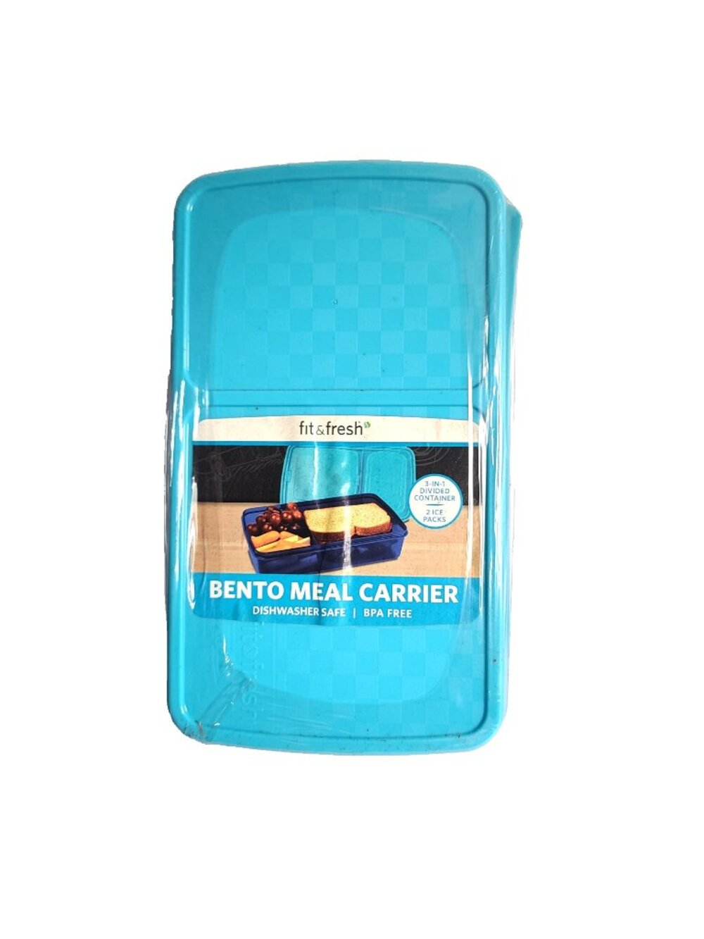 Fit & Fresh 4 Pc Bento Meal Carrier Blue 2 Snap In Ice Packs 3 Section w Lid NEW
